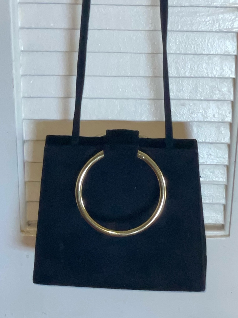 Vintage Nubuck Black Small Crossbody Evening Purse Bag with Gold Ring Handles